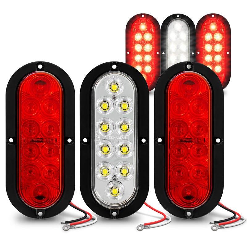 ONLINE LED STORE TRUE MODS 4 Red + 2 White 6 inch Oval LED Trailer Tail Light Kit [Surface-Mount] [DOT FMVSS 108 & SAE] [IP67 Waterproof] Stop Brake Turn Reverse Back Up Trailer Lights for RV Flat Bed Truck - Image 1